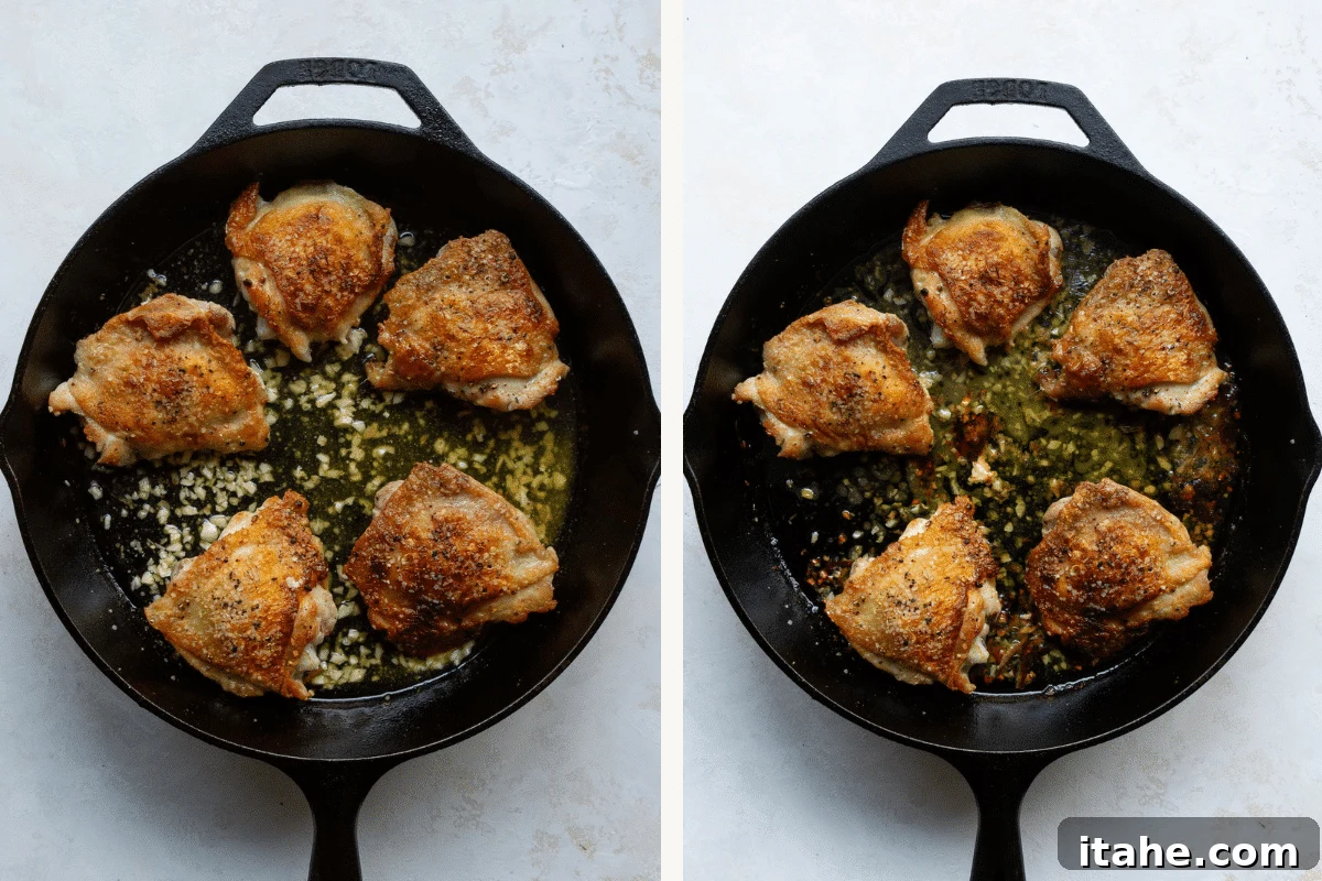 Overhead view of Thighs with crispy skin in a cast iron skillet 