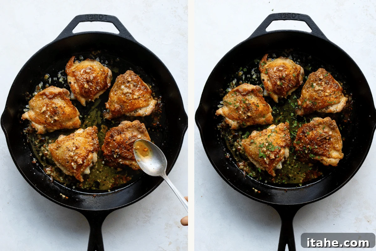 Overhead view of Chicken Thighs with crispy skin in a cast iron skillet 