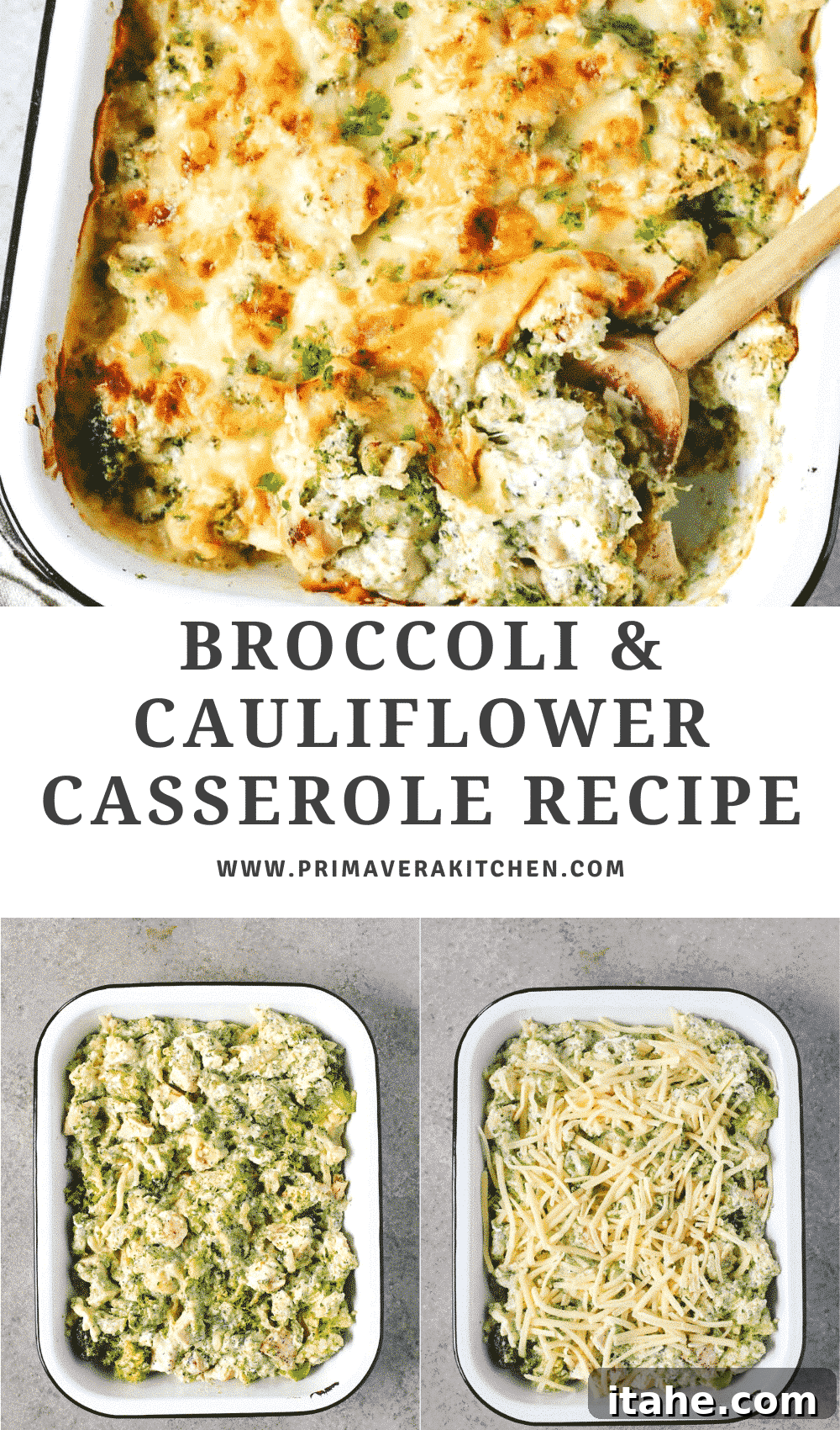 A titled photo collage featuring stages and final presentation of the broccoli and cauliflower casserole, highlighting its appetizing appearance.