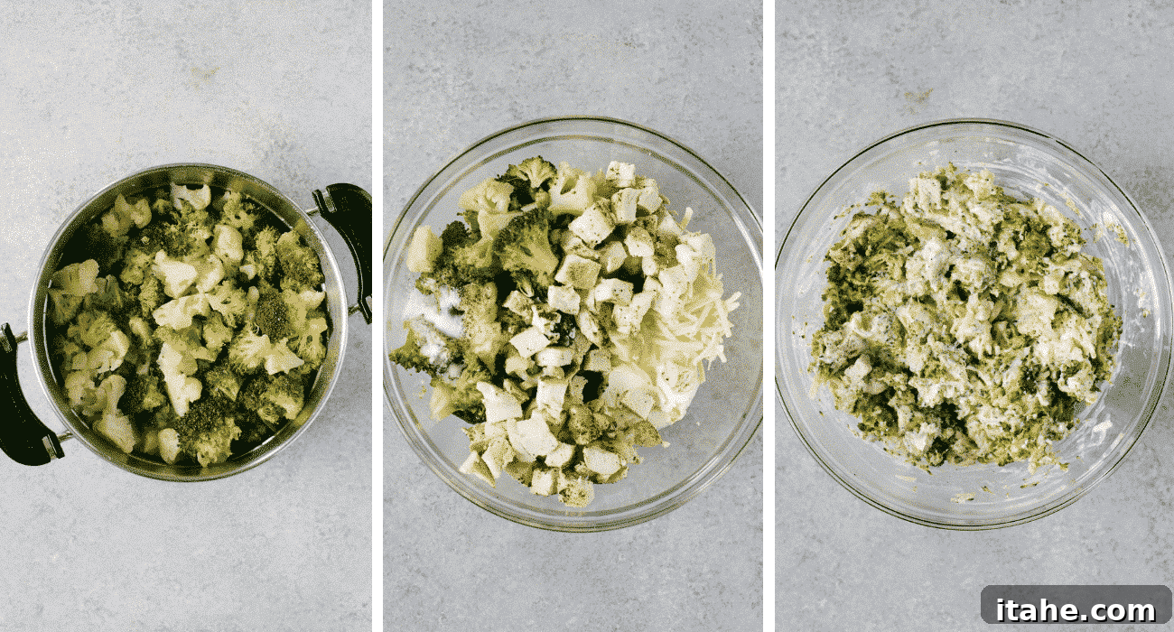 Step-by-step photos illustrating steaming vegetables, mixing the casserole ingredients, and preparing the cheesy mixture.