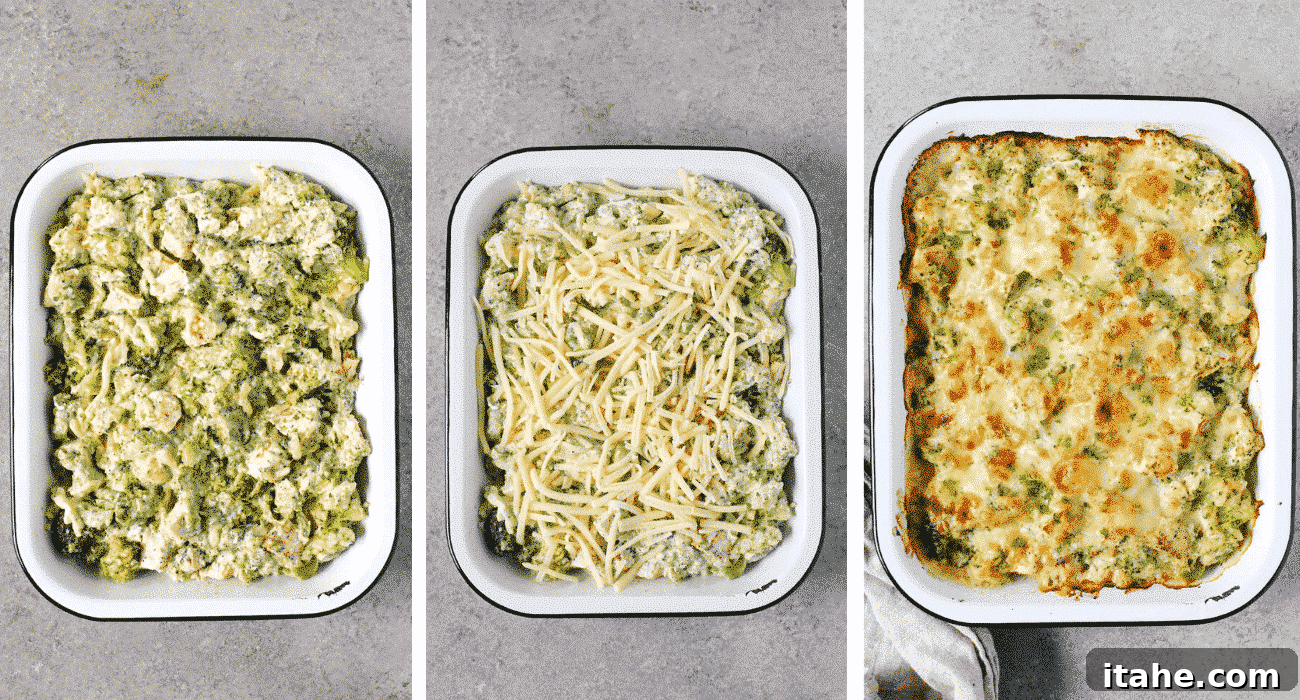 Step-by-step photos showing the broccoli and cauliflower chicken cheese mixture being placed into a baking pan, topped with more cheese, and then baked until golden and bubbly.