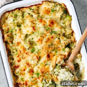 baked dish with broccoli and cauliflower with melted cheese on top