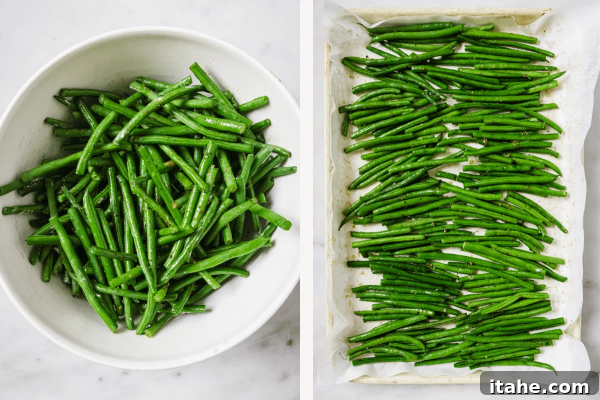 Left: Seasoned green beans in a bowl. Right: Green beans spread in a single layer on a baking sheet.