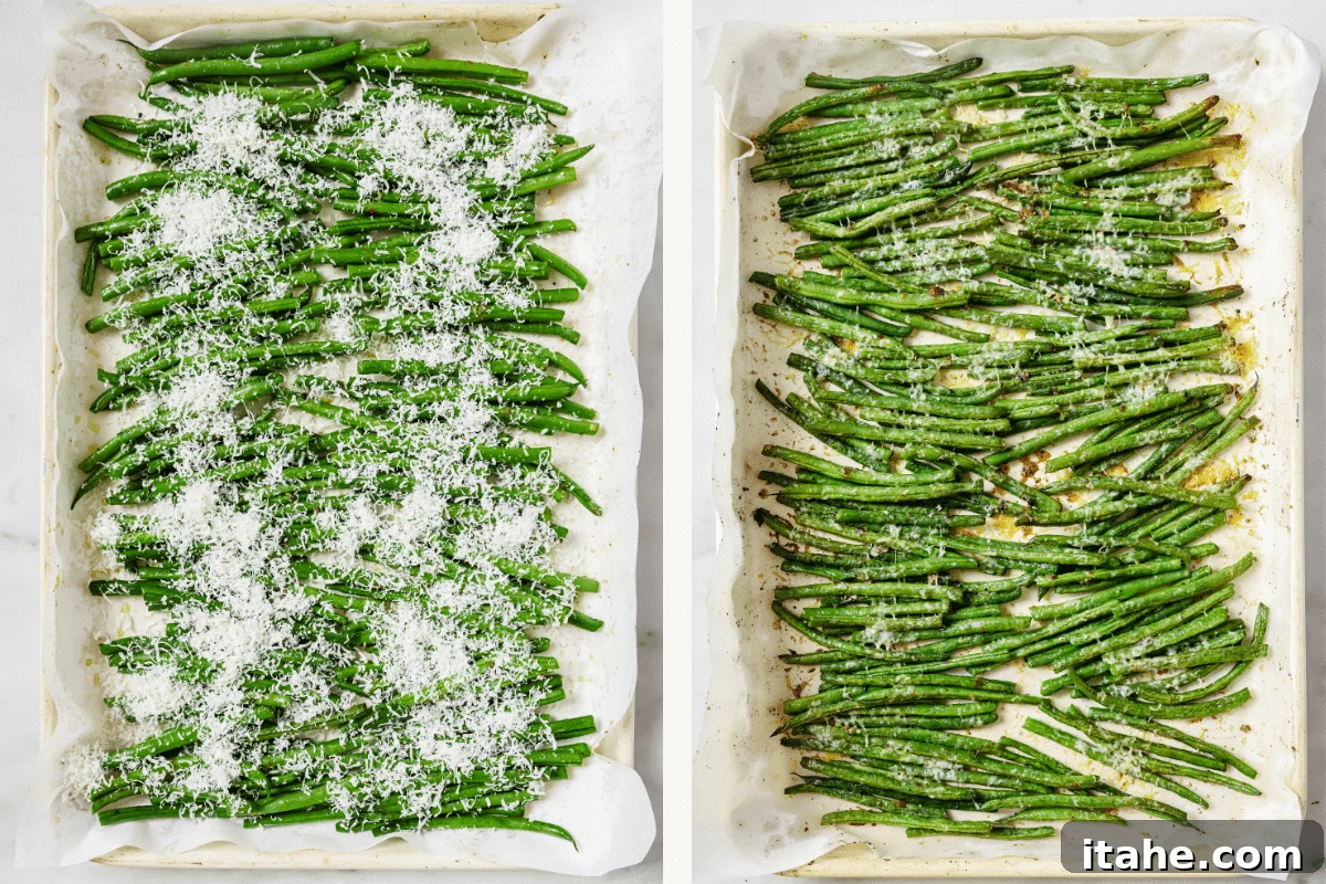 Left: Parmesan cheese added to green beans on a baking sheet. Right: Roasted green beans on a baking sheet, golden and tender.