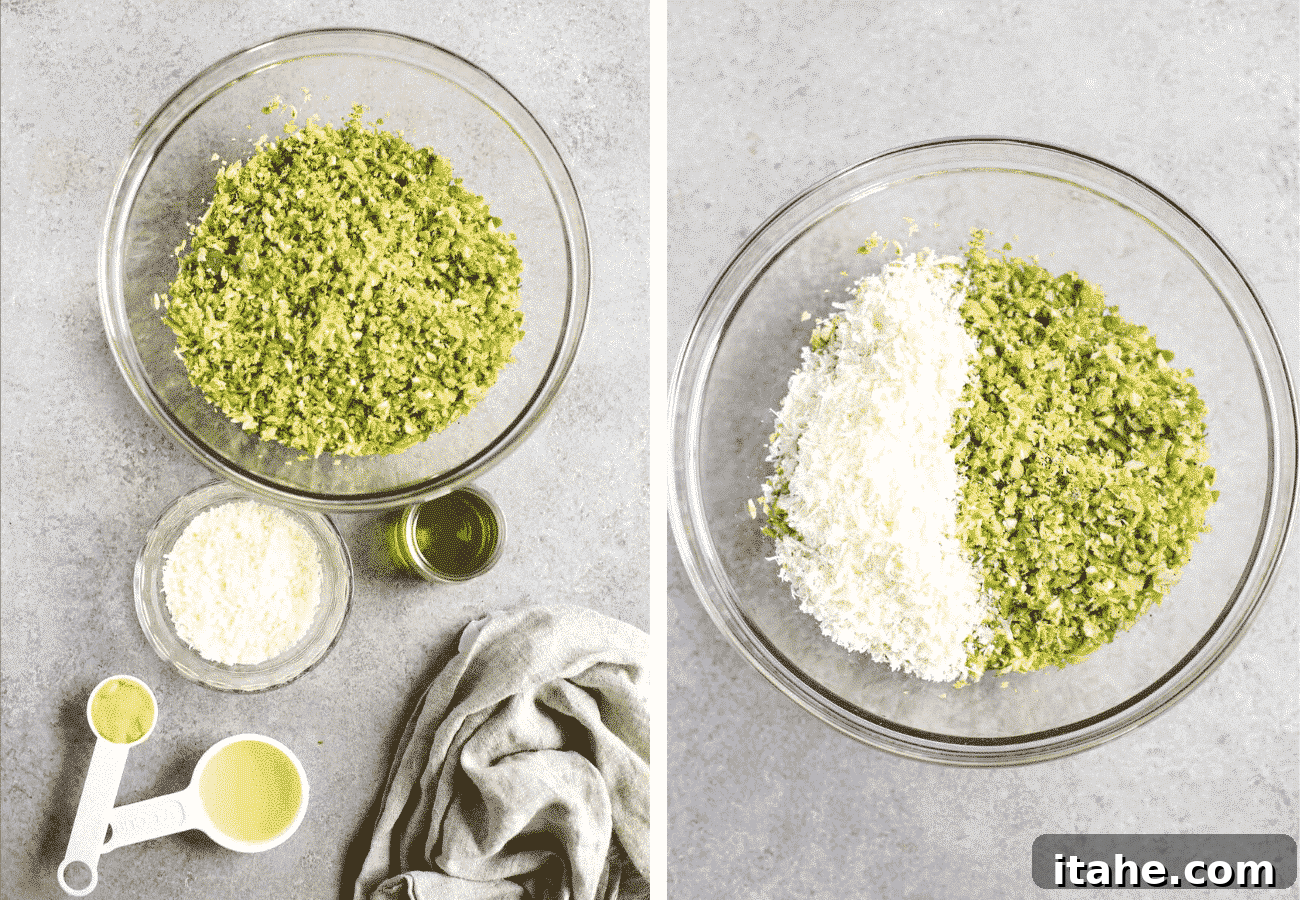 Crispy Parmesan Brussels Sprouts Salad 3 instructional step by step photos: flat lay of the ingredients and then combining them in a bowl, demonstrating the simple process.