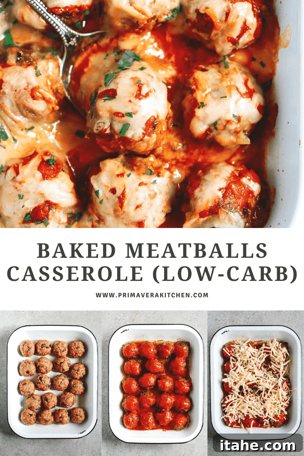 Hearty Meatball Bake 7 titled photo collage (and shown): baked meatballs casserole