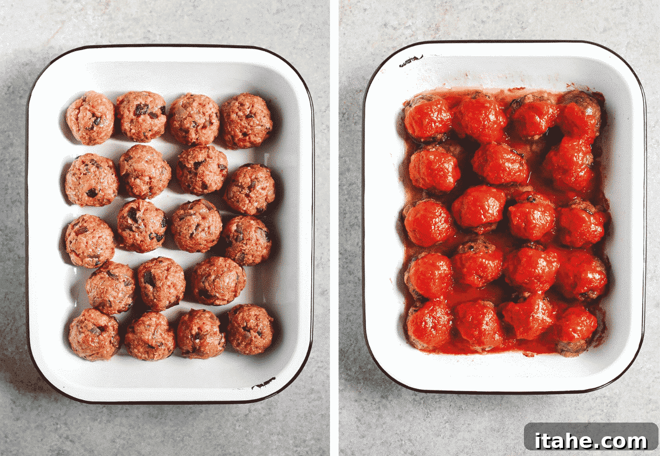 Hearty Meatball Bake 3 instructional step by step photos: placing the meatballs in the casserole dish to be baked then topping the baked meatballs with tomato sauce