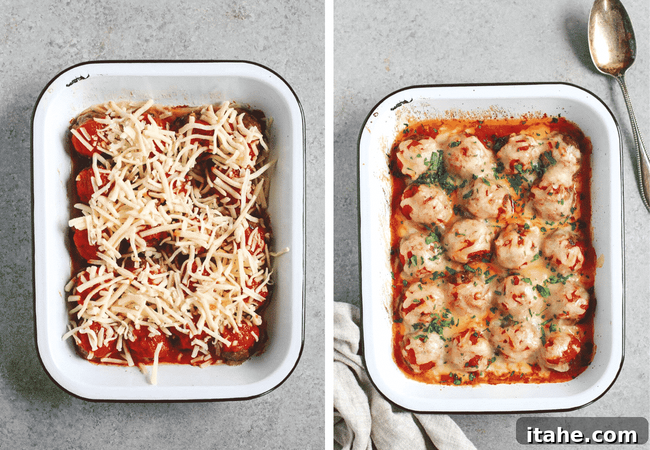 Hearty Meatball Bake 4 instructional step by step photos: topping the baked meatballs with cheese then baking. Finishing with garnish on top.
