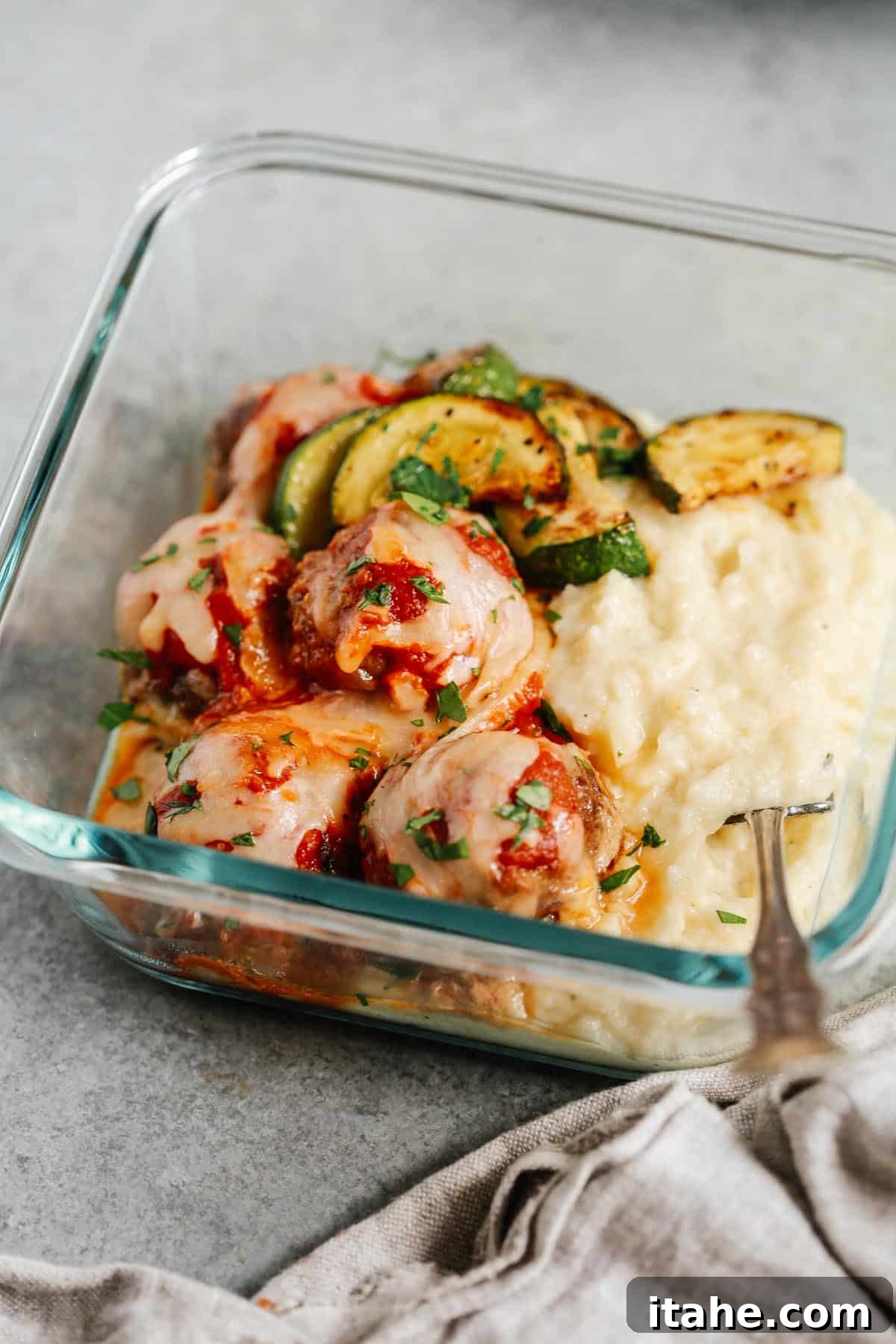 Hearty Meatball Bake 5 close up of the meatball casserole in a meal prep container