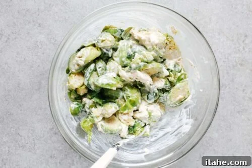 Creamy Brussels Sprouts Gratin 8 Brussels sprouts with cheese mixture in a glass bowl.