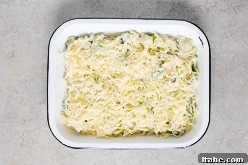 Creamy Brussels Sprouts Gratin 9 Overhead view of Brussels sprouts in a baking casserole