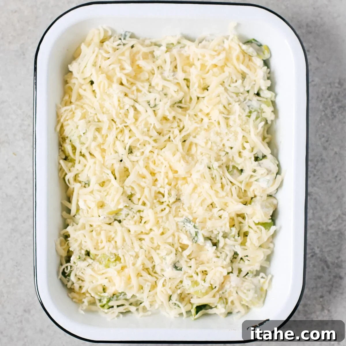 Creamy Brussels Sprouts Gratin 5 Overhead view of Brussels sprouts in a baking casserole