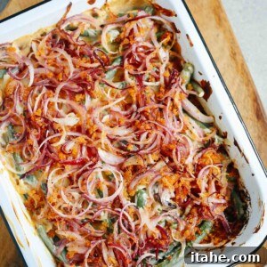 Wholesome Green Bean Casserole 12 Overhead image of Healthier Green Bean Casserole Recipe inside of a baking pan.
