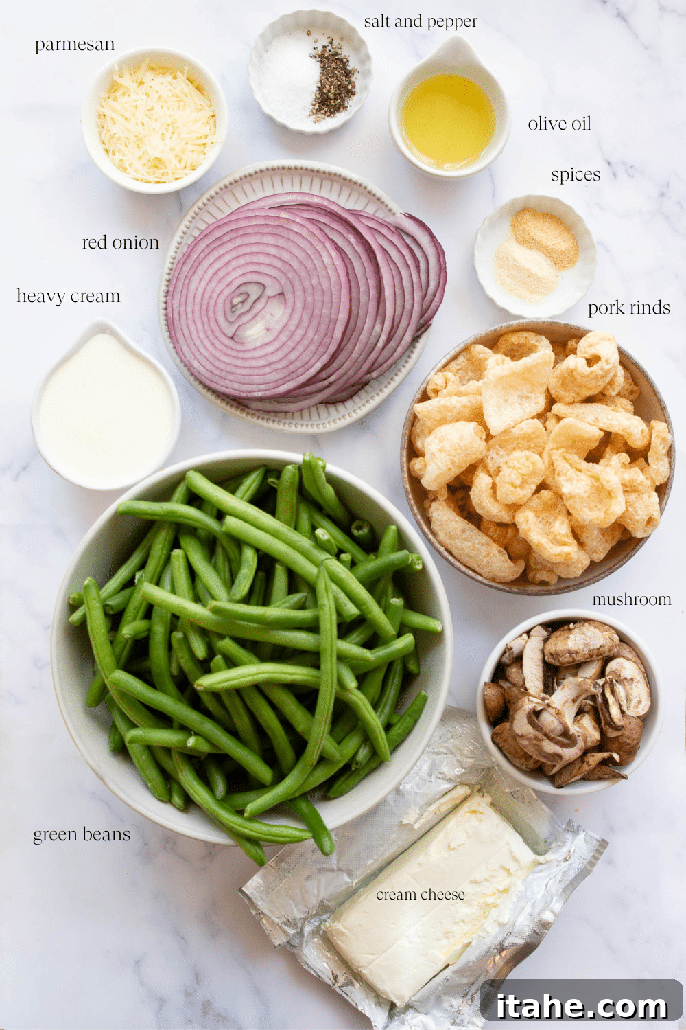 Wholesome Green Bean Casserole 3 ingredients on a marble board to make green beans casserole