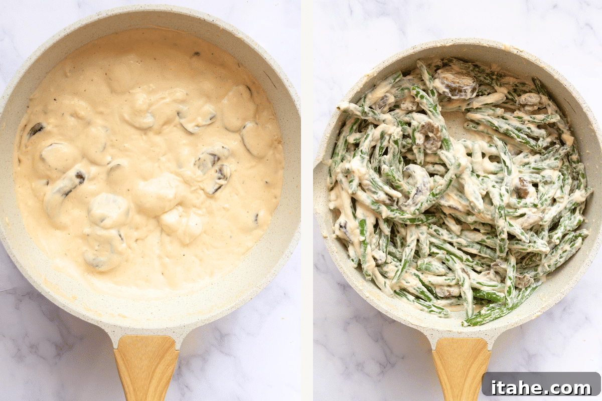Wholesome Green Bean Casserole 8 right: mushroom with heavy creamy in a skillet. Left: mushroom mixture with green beans