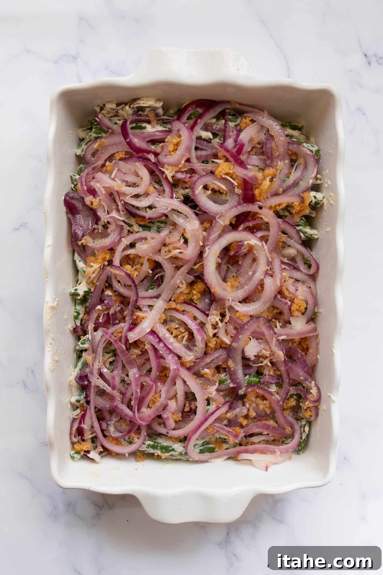 Wholesome Green Bean Casserole 9 overhead green beans in a white casserole