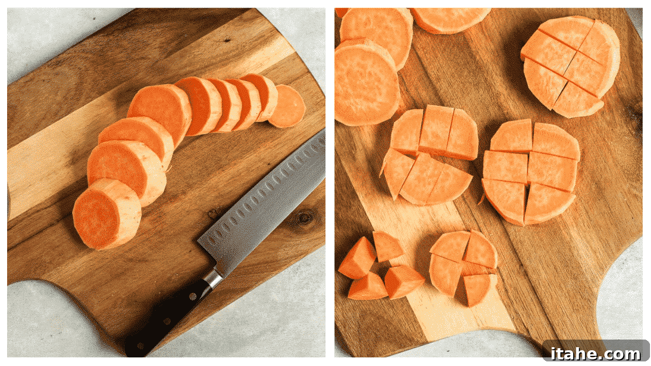 Caramelized Sweet Potato Delight 5 raw chopped sweet potato pieces on a wooden board, uniformly cut and ready for seasoning