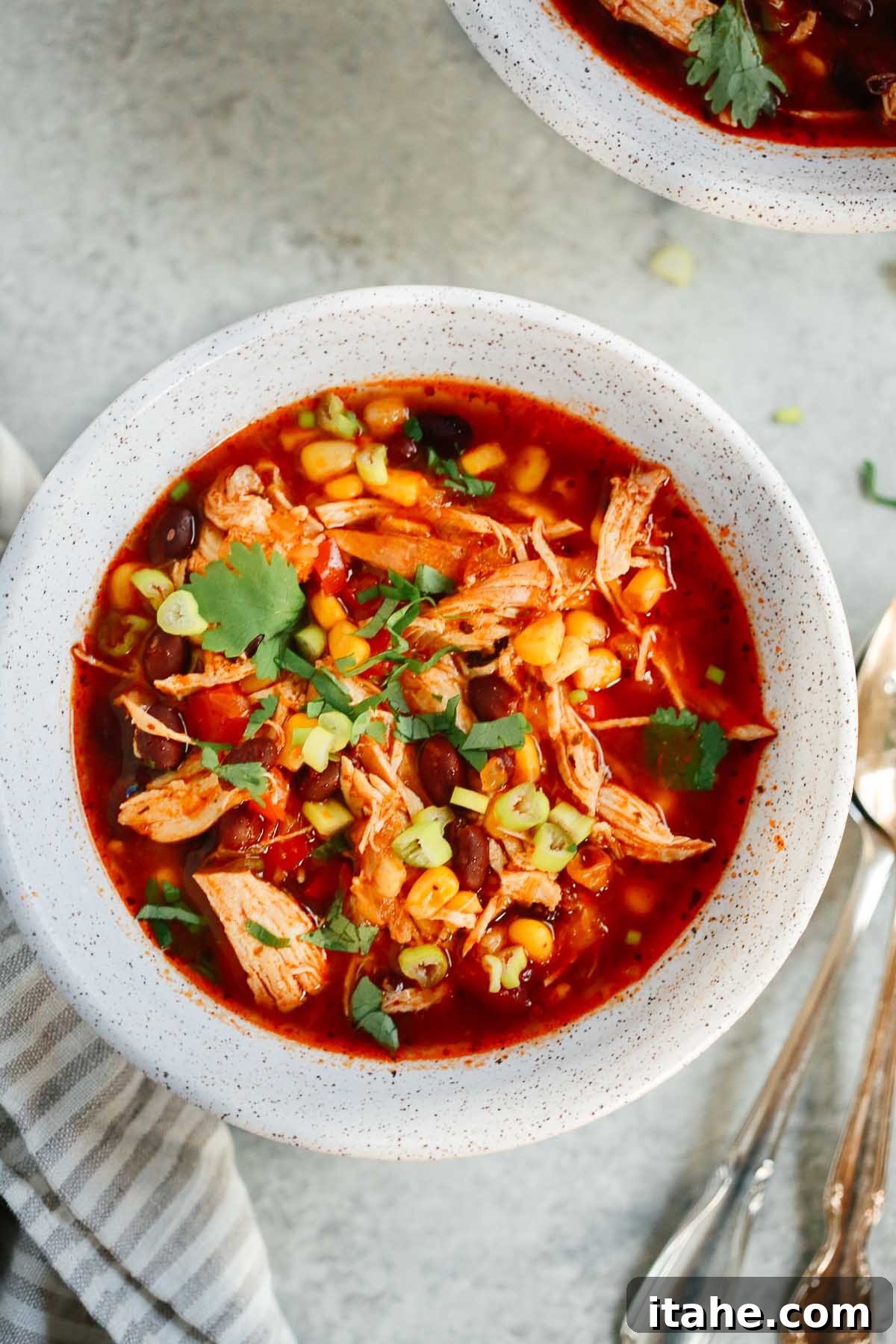 Instant Pot Fiesta Chicken Soup 2 An overhead photo showcasing a beautifully garnished bowl of Instant Pot Southwest Chicken Soup, ready to be enjoyed.