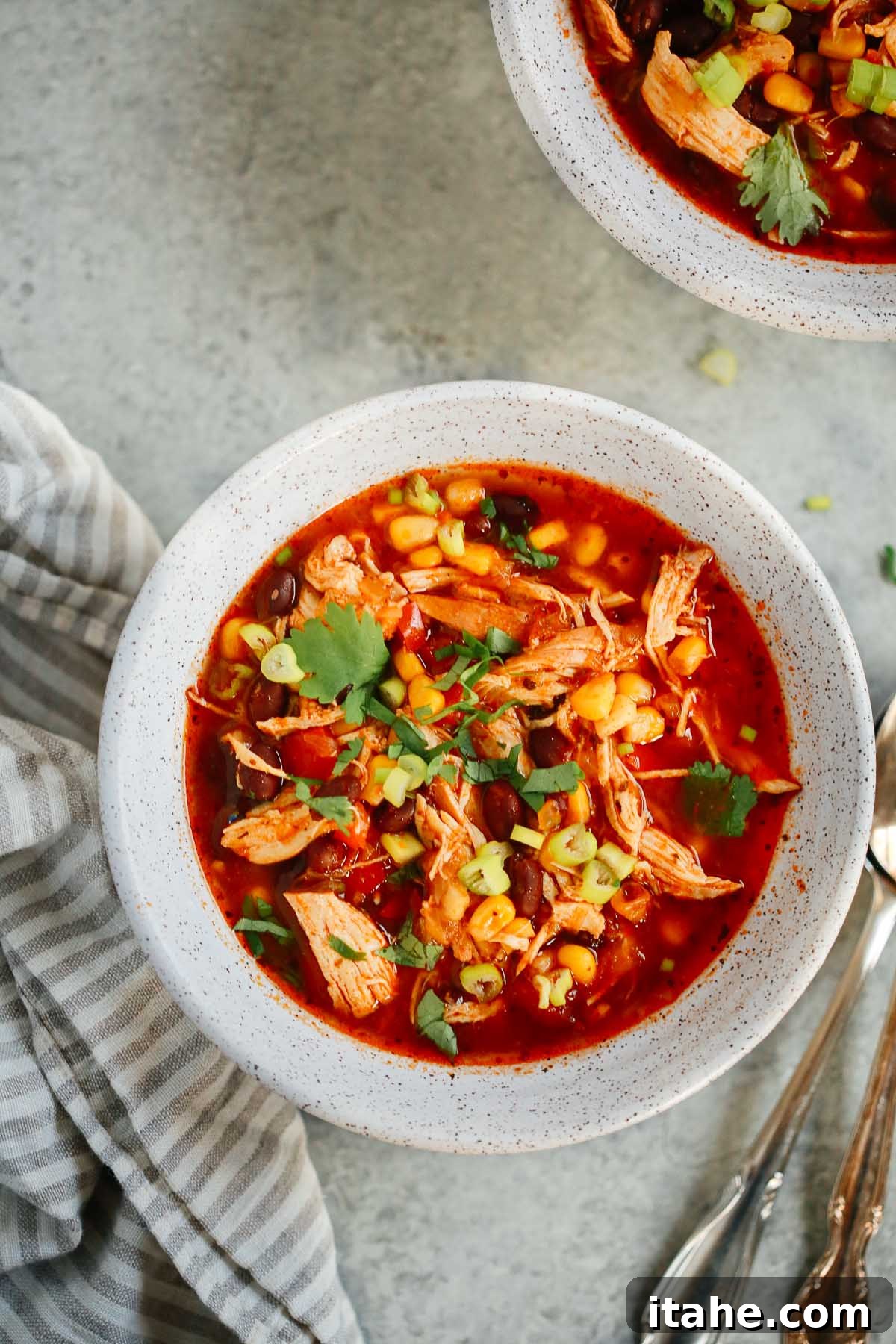 Instant Pot Fiesta Chicken Soup 7 A close-up shot of a single bowl of Southwest Chicken Soup in a clean white bowl, highlighting the rich colors and textures of the ingredients.