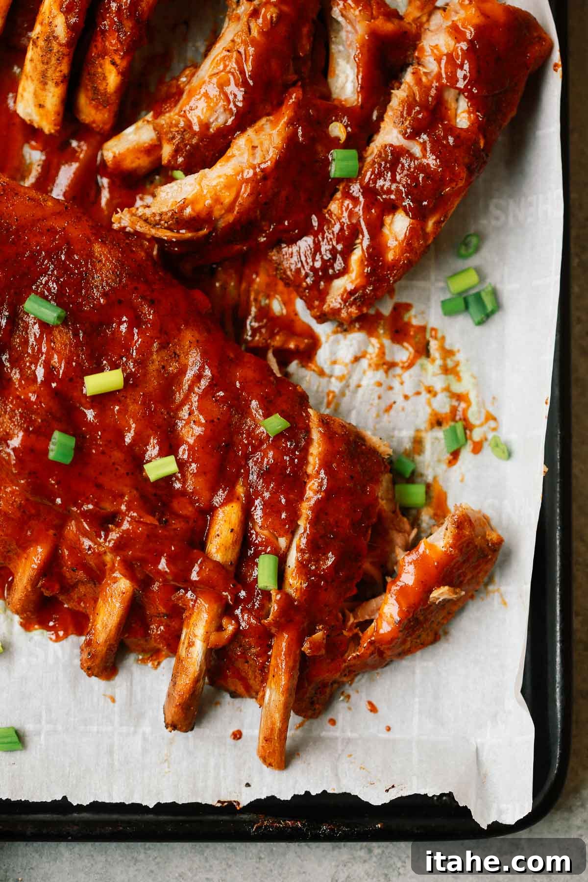 Close up photo of saucy Instant Pot Ribs.