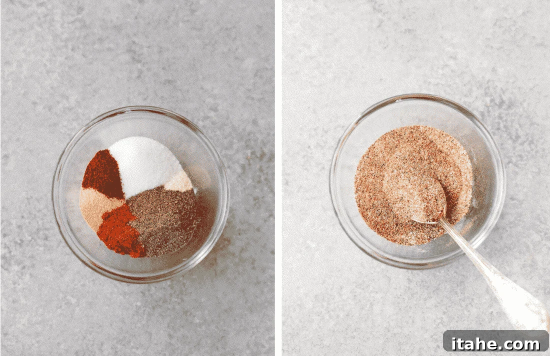 Set of two photos showing the dry rub for ribs and the spices being mixed together.