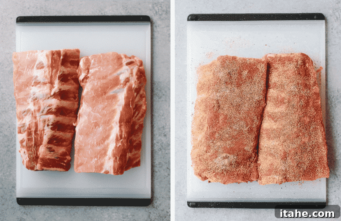 Set of two photos showing ribs before and after they've had dry rub added to them.