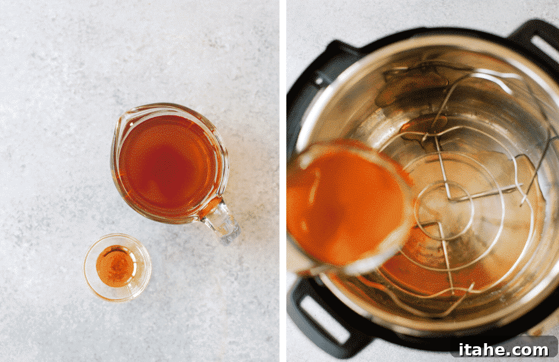 Set of two photos showing beef broth and liquid smoke and them being added to an Instant Pot.
