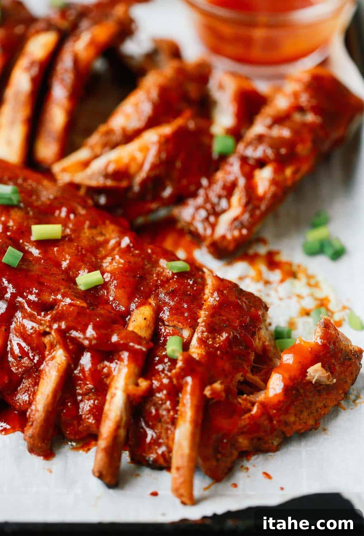 Close up photo of baby back Instant Pot ribs.