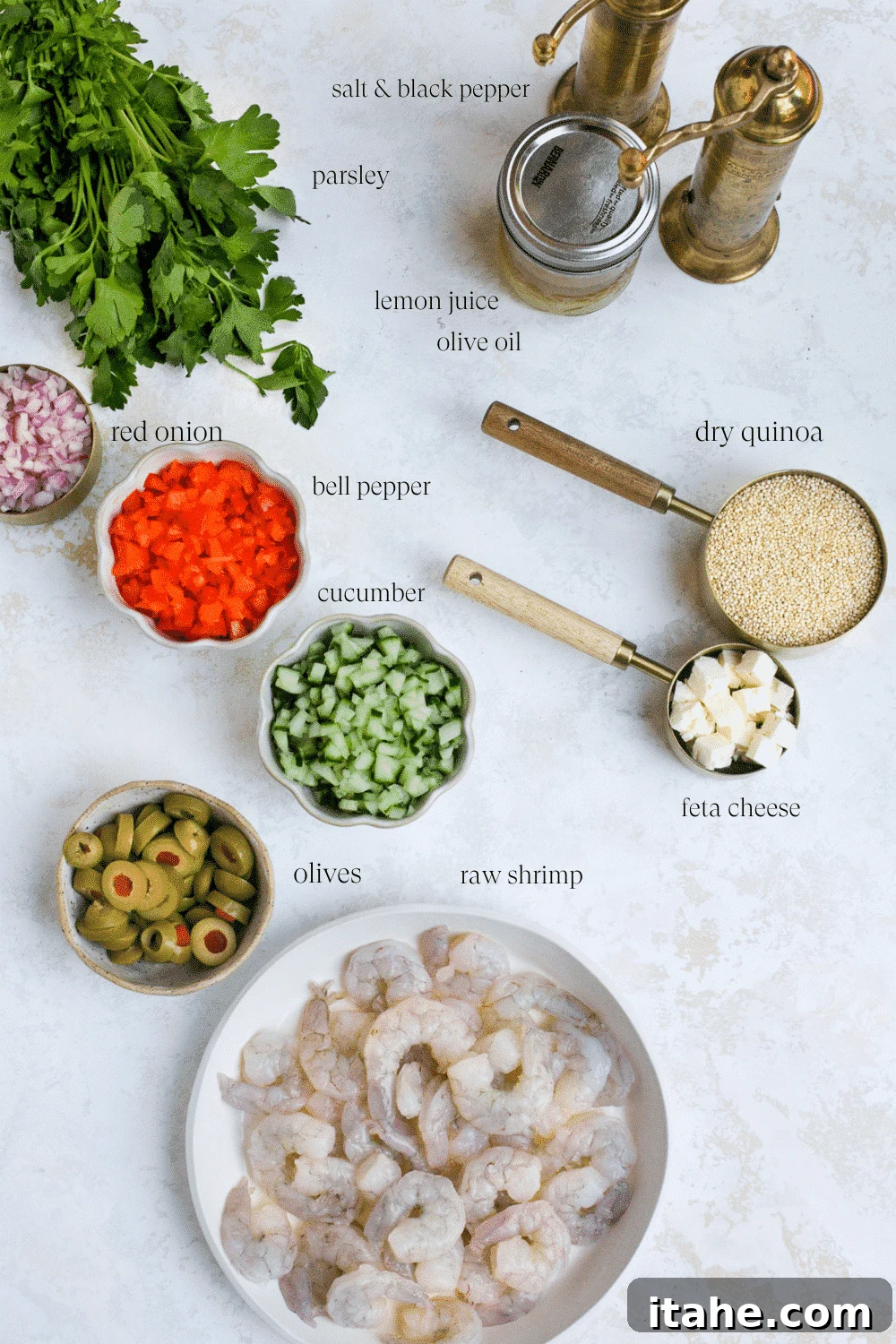 overhead view of the ingredients to make shrimp quinoa salad