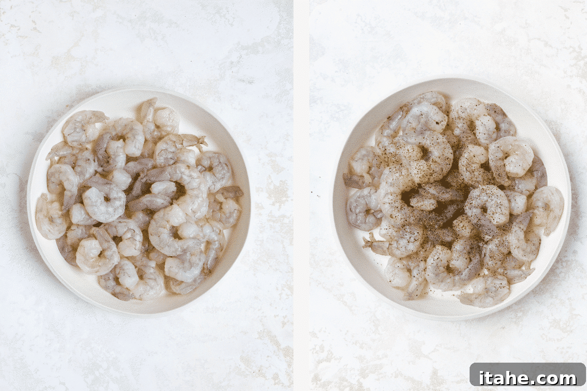 Left: raw shrimp in a white bowl. Right: seasoned raw shrimp in a white bowl.