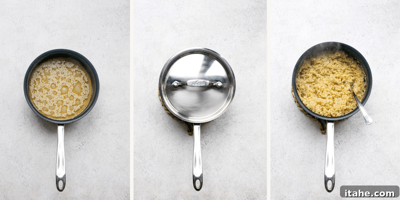 Overhead views of the step-by-step process for making quinoa