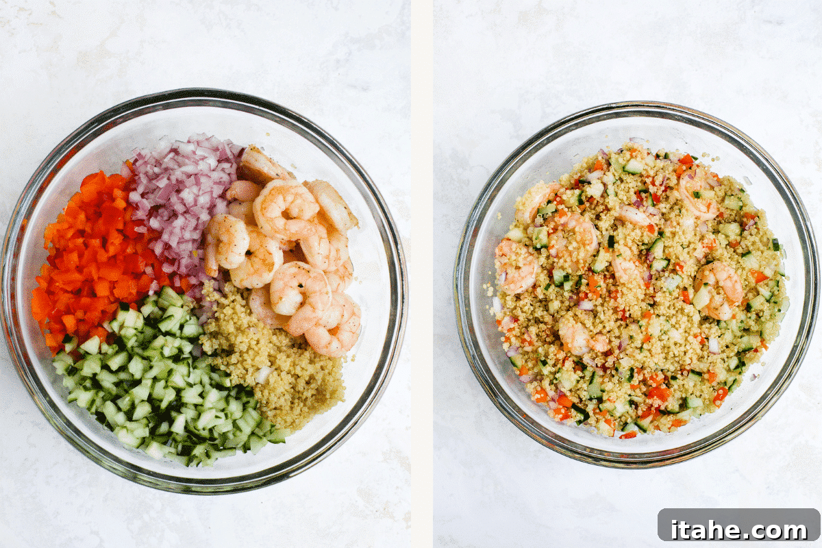 Overhead view of all the ingredients to make quinoa salad in a glass bowl.