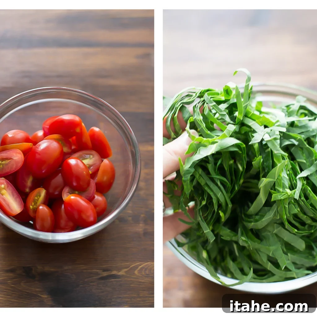 Bowl of fresh cherry tomatoes and sliced collard greens