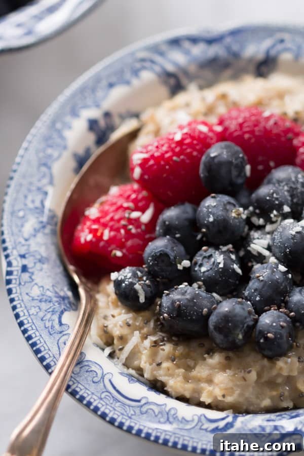 Close-up of a bowl of Coconut Berries Oatmeal, showing the texture of oats, coconut, and vibrant berries.
