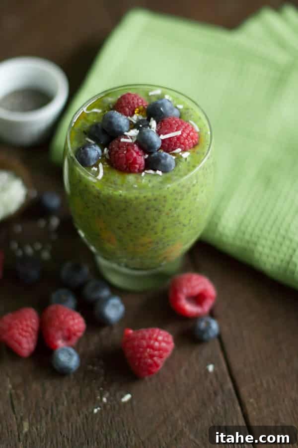 Kiwi Chia Pudding: A creamy, delicious, and healthy option. Close-up of a glass jar filled with Kiwi Chia Pudding, layered with fresh kiwi puree and topped with whole kiwi slices.
