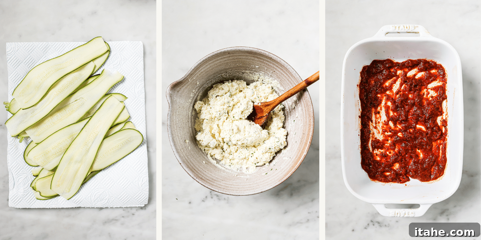 Preparing the zucchini noodles, cheese filling, and baking dish with marinara sauce.