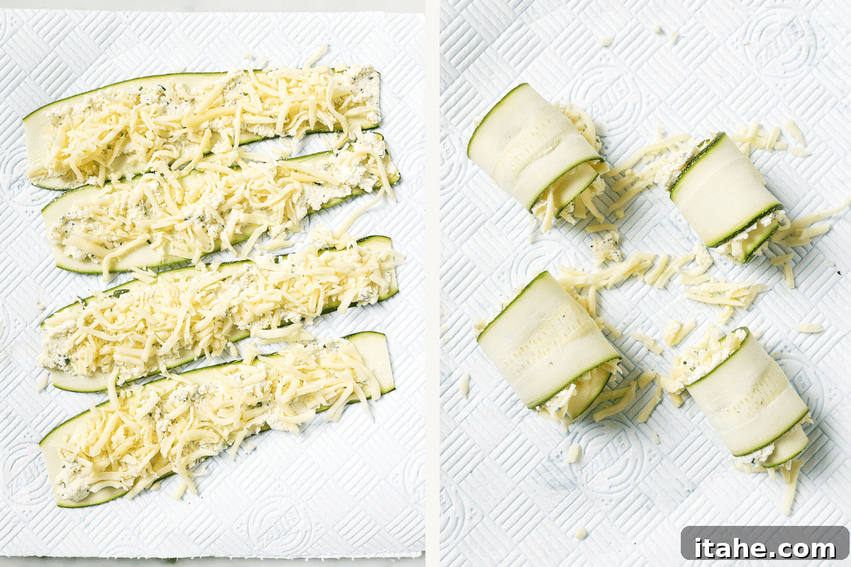 Left: zucchini strips with the cheese filling spread. Right: zucchini strips carefully rolled up and ready for the baking dish.