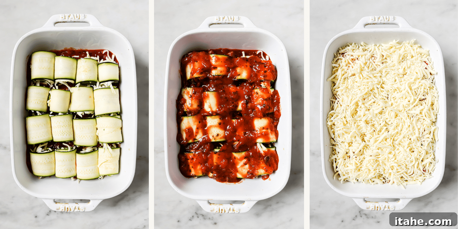 The layers of zucchini lasagna rolls in a baking dish, covered with sauce and cheese, ready for the oven.