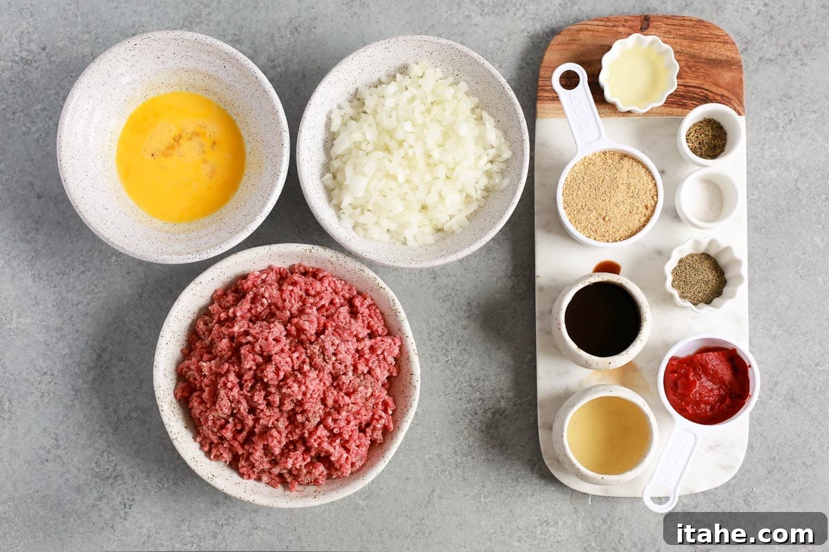 ingredients in prep bowls to make a healthy meatloaf recipe