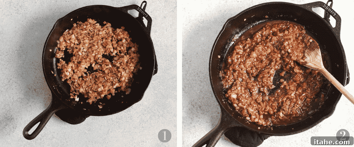 browning ground beef in cast iron skillet