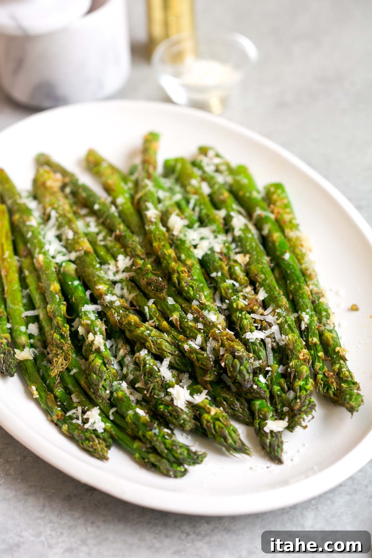 Overhead view of a delicious plate of Air Fryer Asparagus