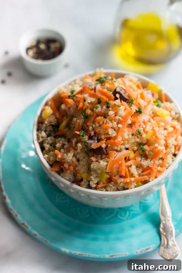 Carrot Quinoa Salad - This quinoa salad is filled with shredded carrots, red onions, bell pepper and olives. It is gluten-free, vegan, healthy and very flavourful too. Carrot Quinoa Salad - This quinoa salad is filled with shredded carrots, red onions, bell pepper and olives. It is gluten-free, vegan, healthy and very flavourful too.
