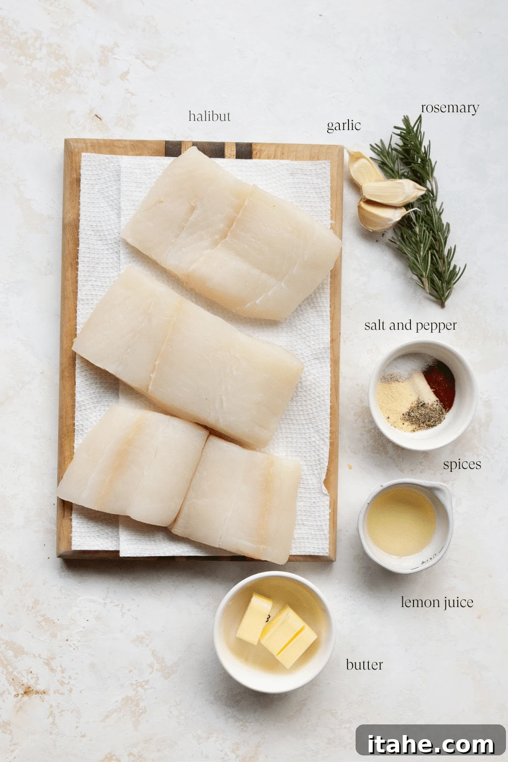 Overhead view of ingredients to make Halibut Recipe.