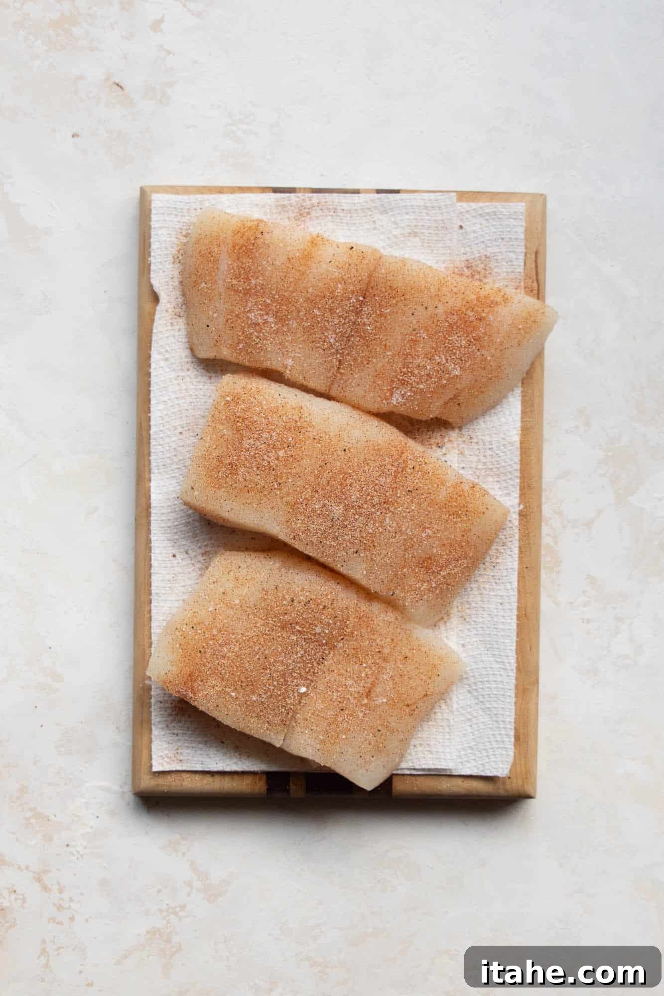 overhead view of seasoned halibut fish. 