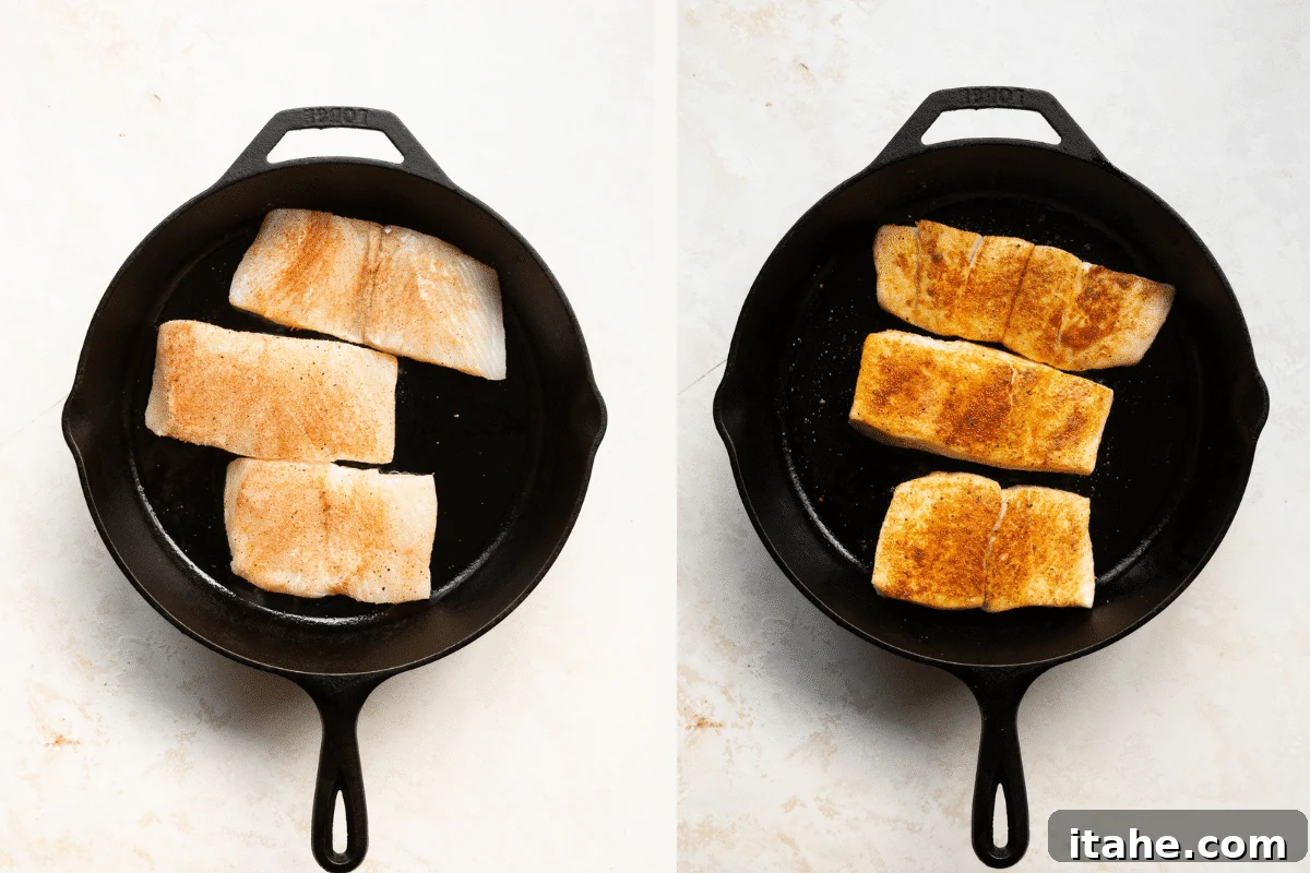 left: raw fish fillets in a cast iron skillet. right: cooked fillets in a cast iron skillet. 