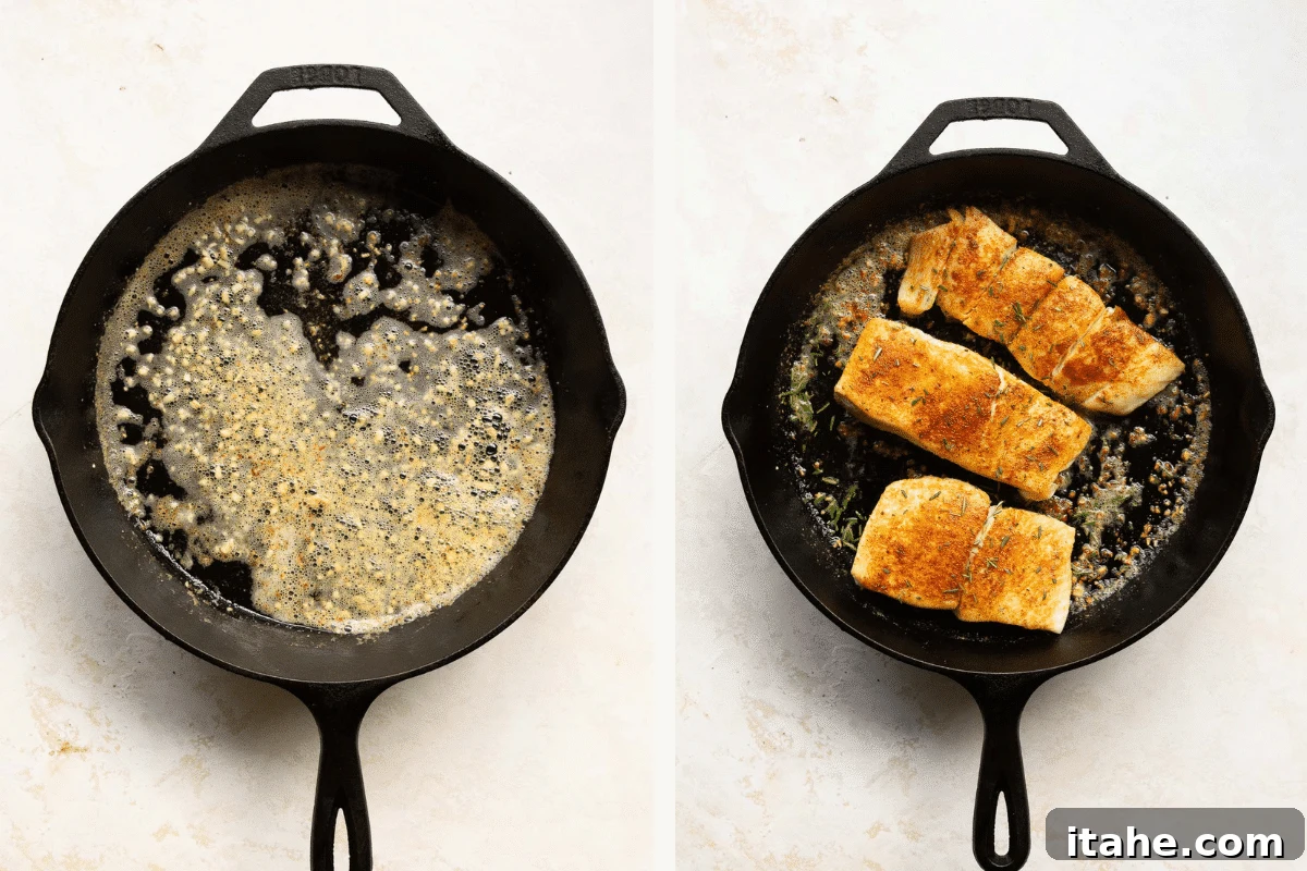 left: garlic butter in a cast iron skillet. right: cooked fillets in a cast iron skillet. 