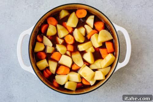 Overhead view of beef stew in a Dutch oven pot with carrots and potatoes, midway through cooking.