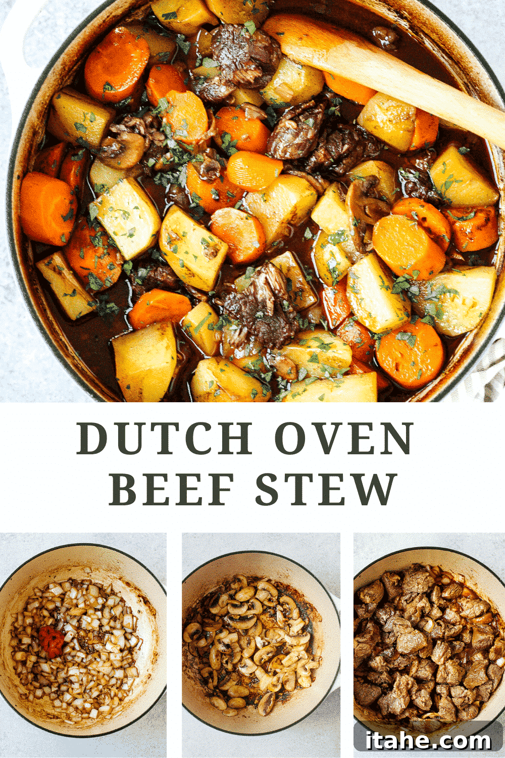 Titled photo collage showing various stages and the final presentation of Dutch Oven Beef Stew.