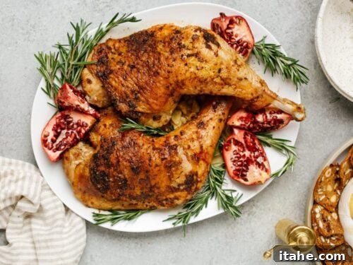 overhead view of roasted turkey leg on a white plate