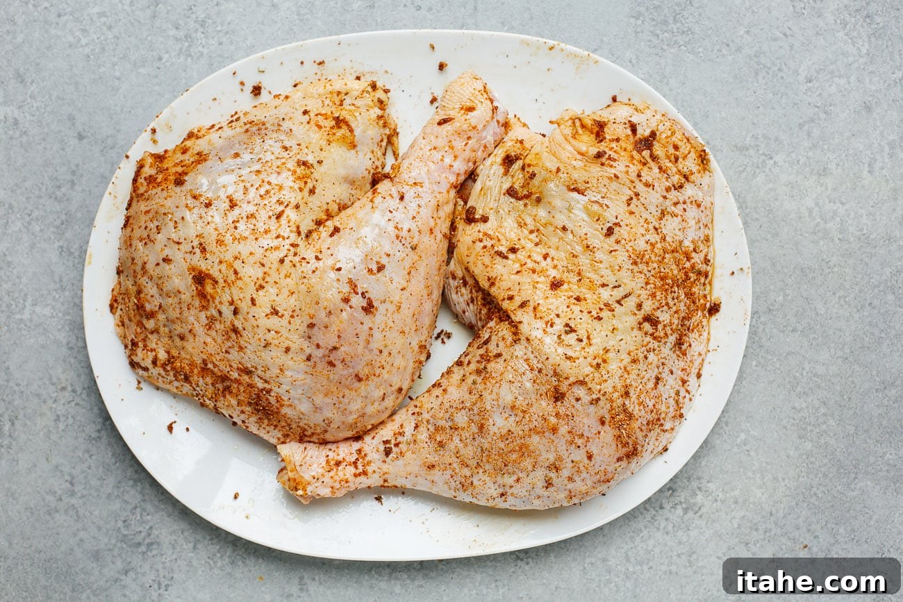 seasoned raw turkey leg on a white plate